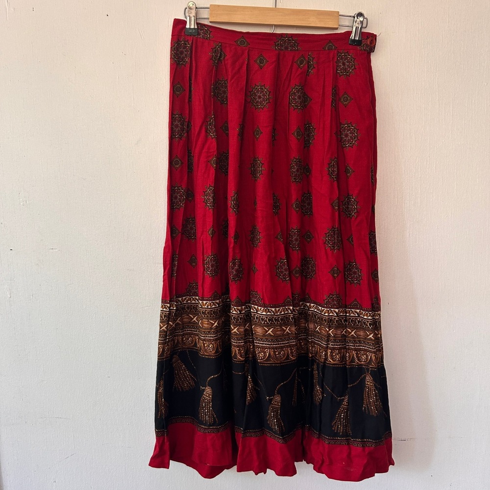 Koret Midi Skirt Womens M Red Medallion Tassel Border Print Pleated Boho Vintage